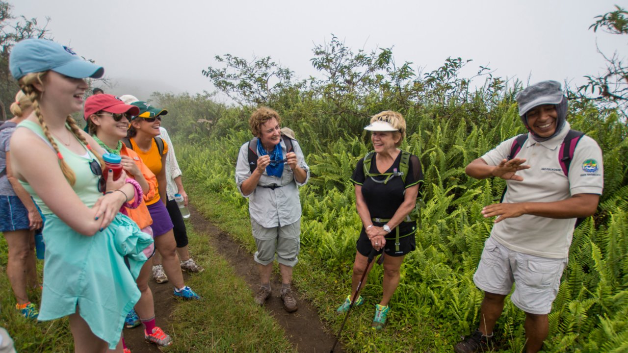 A group of tourists in a green forest listening to their guide explain about the area in the Galapagos