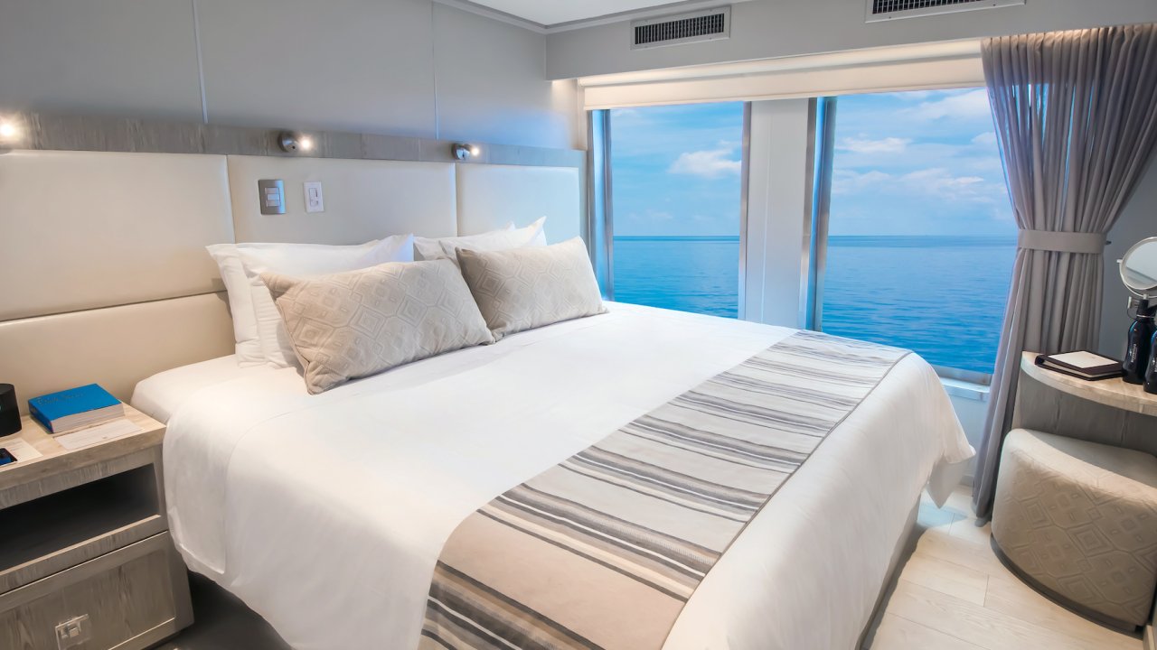 Bedroom suite aboard a high end cruise ship in the Galapagos
