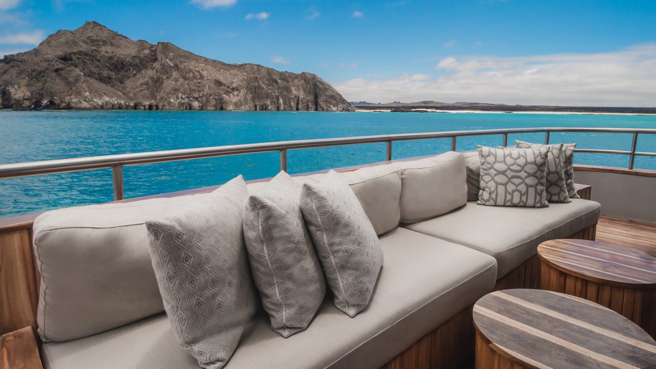Sun deck seating on a small ship luxury cruise in the Galapagos
