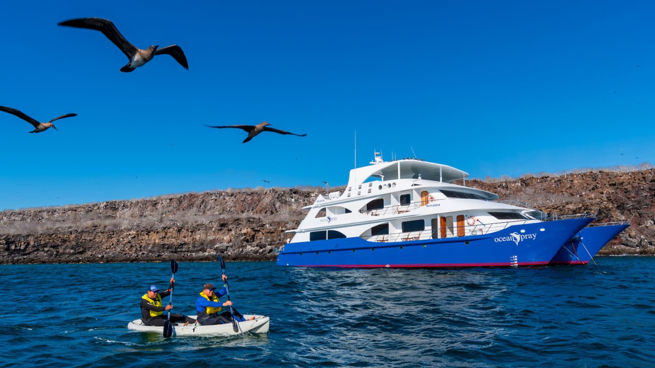 A tandem sea kayak with people paddling past the Ocean Spray Golden Galapagos ship
