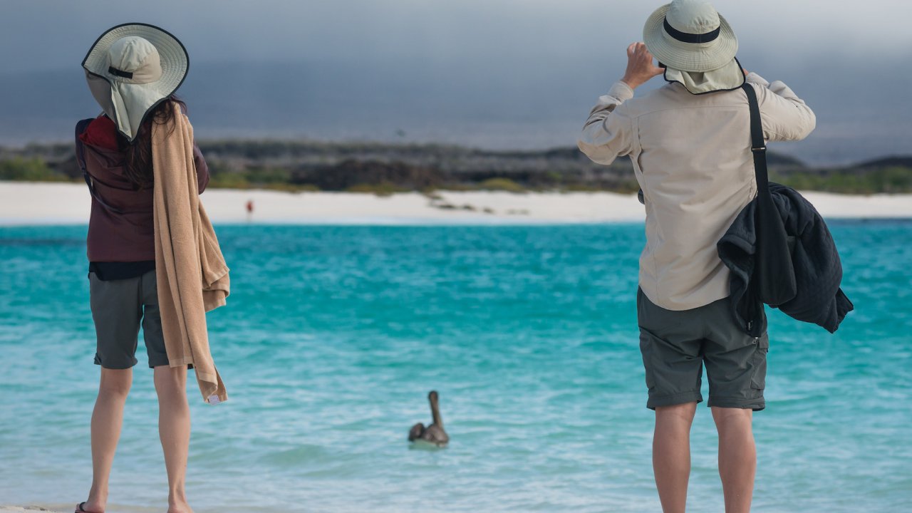 Two people wearing matching hats each taking a picture of a heron in the water in between them in the Galapagos