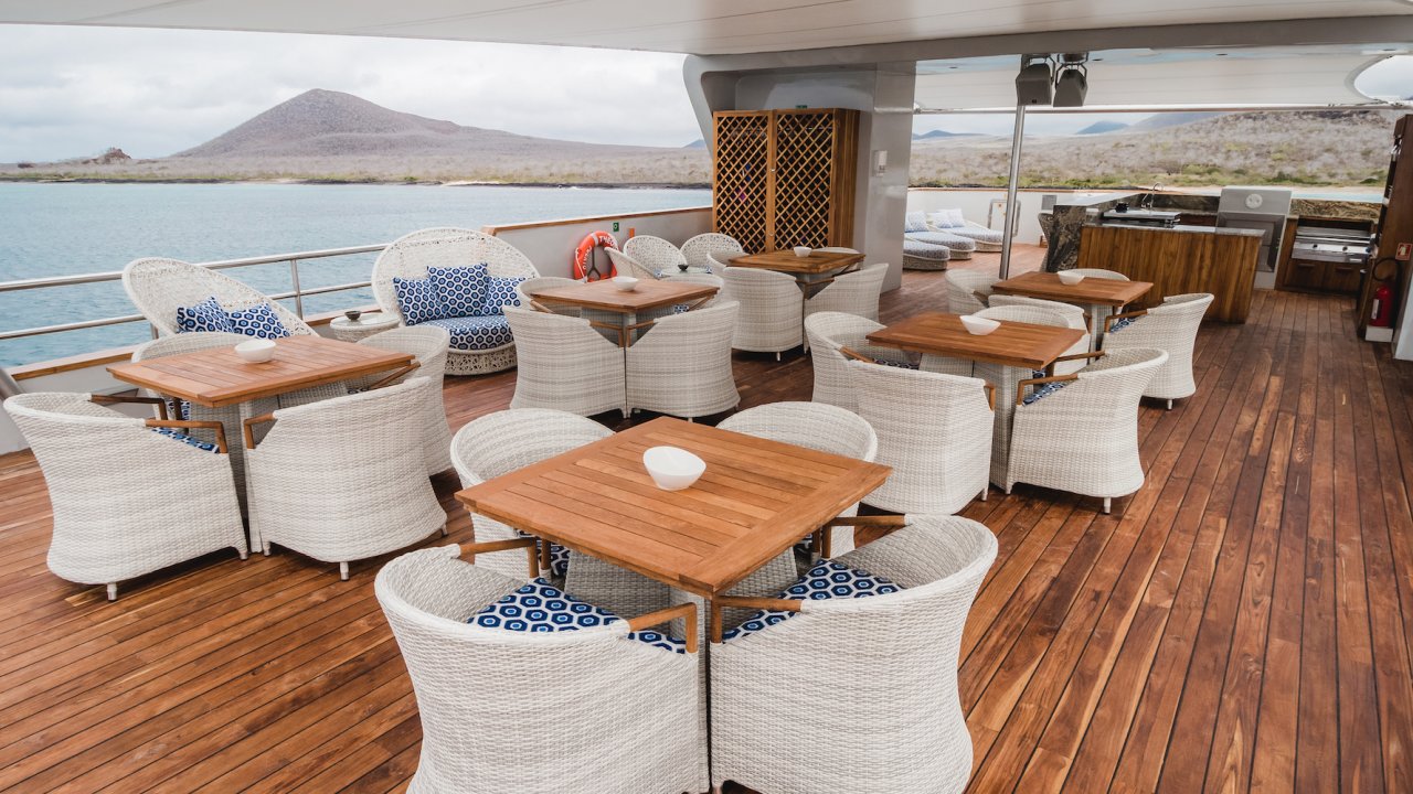 Sundeck and outdoor dining aboard the evolve ship in the Galapagos Islands