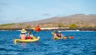 Two tandem kayaks paddling along the rocky Galapagos coastline with volcanic hills and dry forest in the background. 